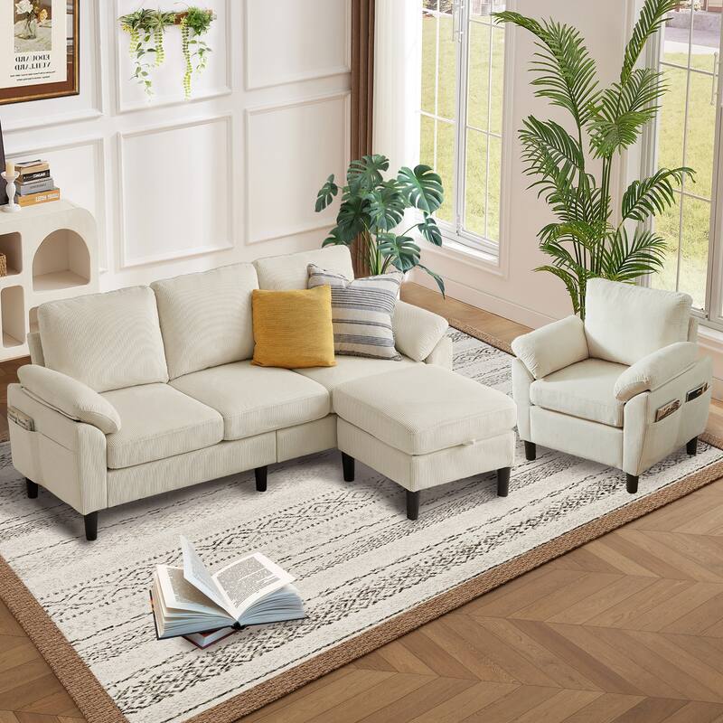79.72" Corduroy 3 Pieces Living Room Sets Including Sectional Sofa with Storage Ottoman and Armchair Set