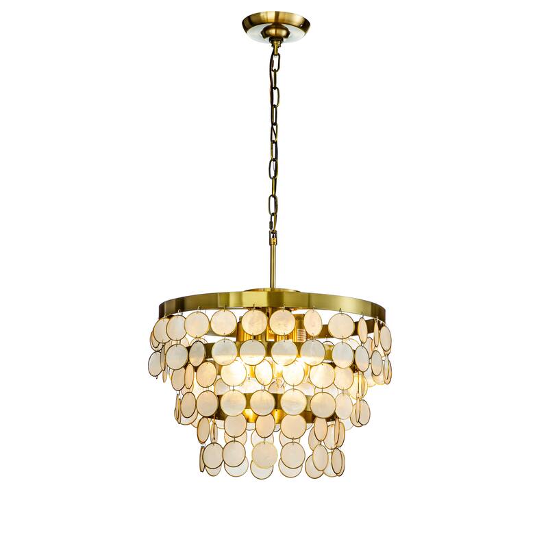 4-Light Round Coastal Capiz Shells Tiered Chandelier With Antique Gold Metal-Open Box