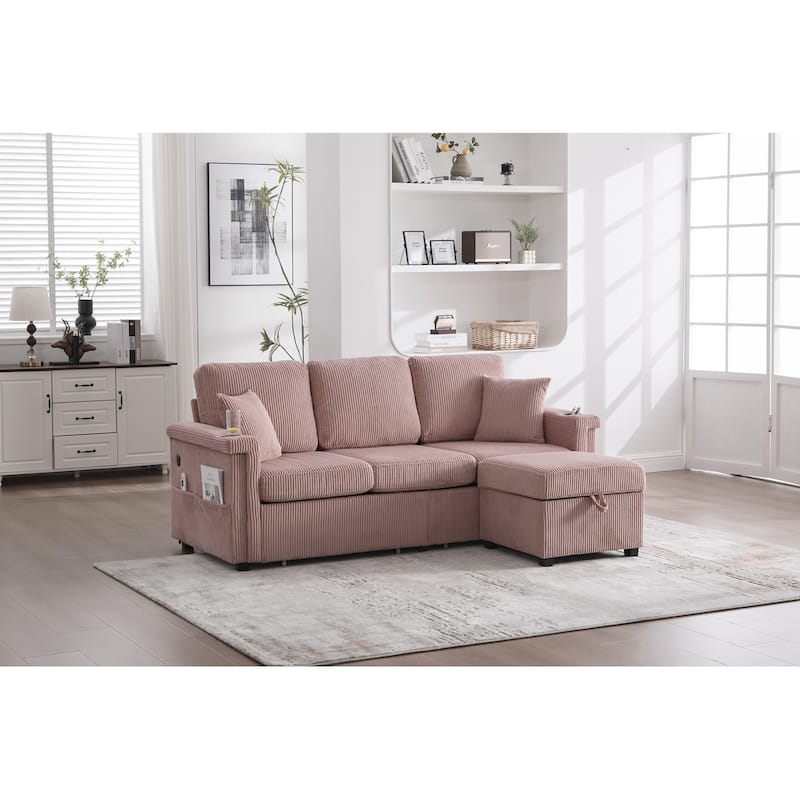 L-Shaped Sectional Sofa with Pull-Out Storage,Ottoman & Pillows 3-Seat with USB Charging,Cup Holder, Convertible Design