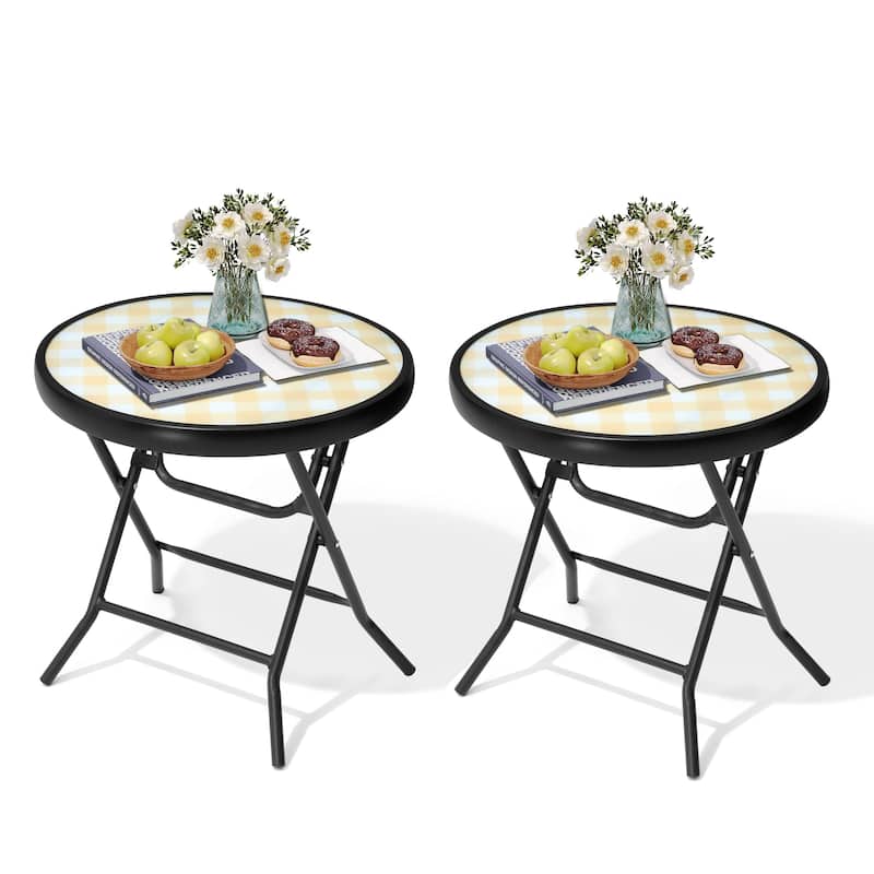 Crestlive Outdoor Side Table Patio Small Folding Table with Tempered Glass Table Top - Yellow&White - 2PC