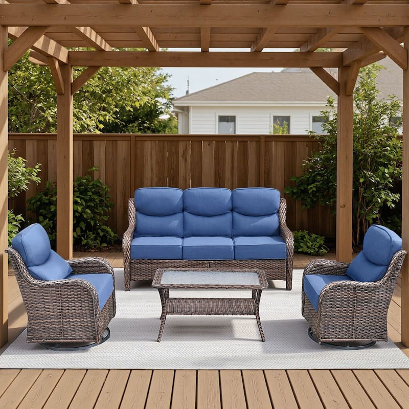Arcadia 4-Piece Wicker Patio Conversation Set with Swivel Gliders and 6-Inch Thick Olefin Cushions - Navy Blue Cushions - Brown Wicker