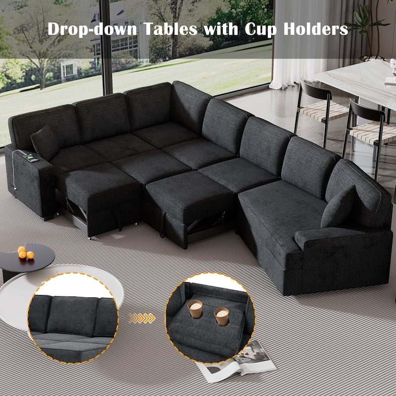 Modern L-Shaped Sectional Sofa with Pull-Out Bed, USB Ports and Drop-Down Cup Holder Tables for Living Room