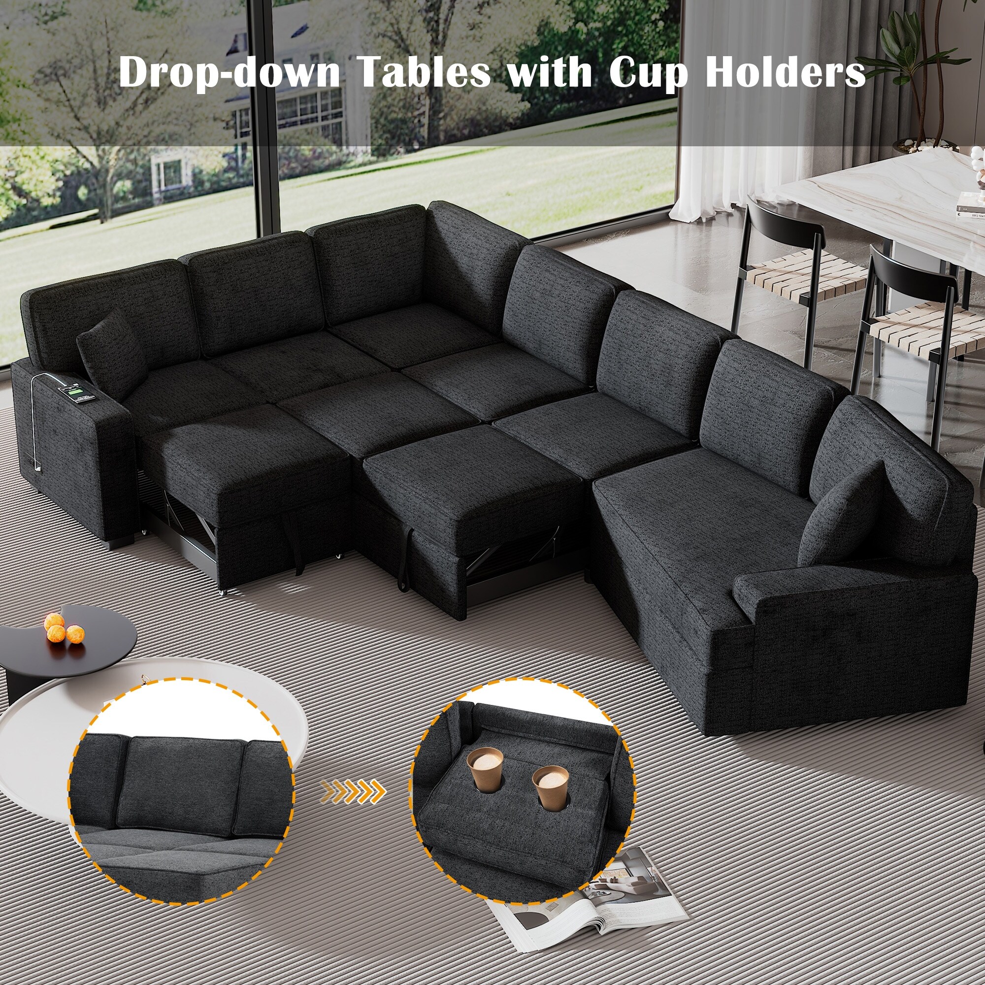 Furniture Convertible Sofa With Cup Holders Pull Out Sleeper Sofa