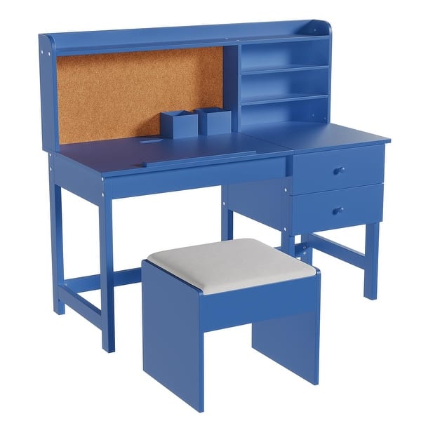 slide 2 of 20, Adjustable Tilt Kids Desk and Chair Set - Wooden Study Table with Drawer, Cork Board & Hutch - Student Writing Desk Blue