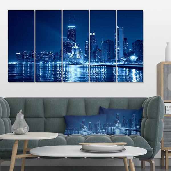 slide 1 of 17, Designart 'Blue Chicago Skyline Night' Cityscape Photo Large Canvas Print - Blue