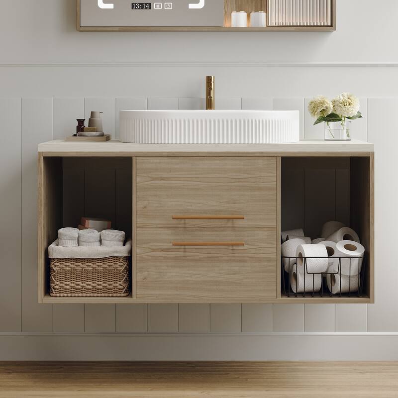 Modern 38.2 Wall-Mounted Bathroom Vanity with Oval Ceramic Sink Floating Vanity Multi-Layer Solid Soft-Close Drawers Open Shelf