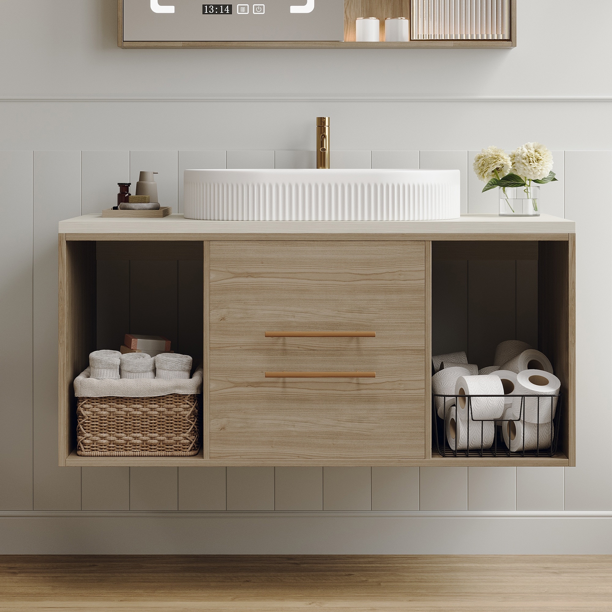 Modern Wall-Mounted Bathroom Vanity with Oval Ceramic Sink, Floating Solid Wood Cabinet with Soft-Close Drawers and Open Shelves