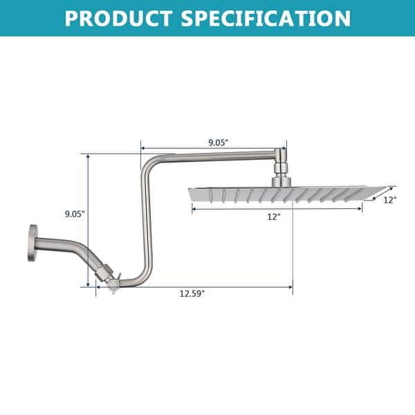 dimension image slide 1 of 3, YASINU 12" Rain ShowerHead with Adjustable Extension Arm
