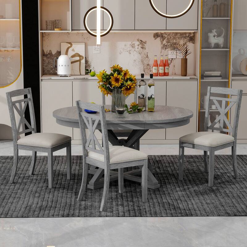 5-Piece Retro Dining Set – Extendable Round Table & 4 Upholstered Chairs for Dining/Living Spaces‌