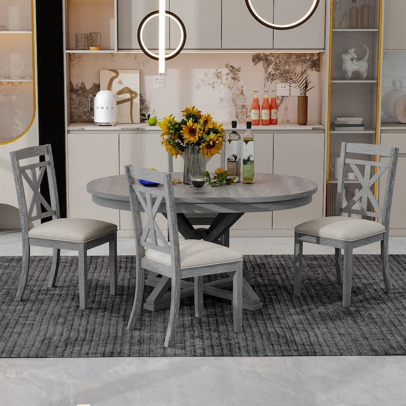 5-Piece Retro Functional Dining Table Set Extendable Round Table and 4 Upholstered Chairs for Dining Room and Living Room