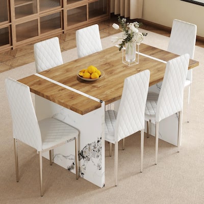 7-Piece Wood Dining Table Set with Spliced Tabletop & Marble Patterned Table Legs, Diamond Shaped Backres, Non-Slip Mat White