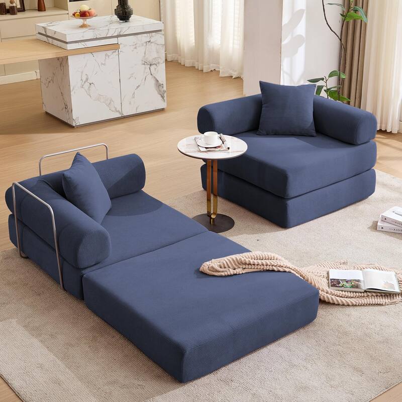 Folding Mattress Lounge Sofa with Corduroy Cushions, Convertible Sofa Bed Sleeper Sofa with Removable Armrests
