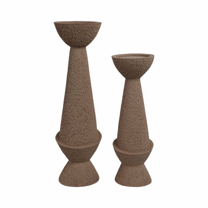Candle Holder Set of 2 - Tan Resin Textured Pillar, 16/20" - 20.0"