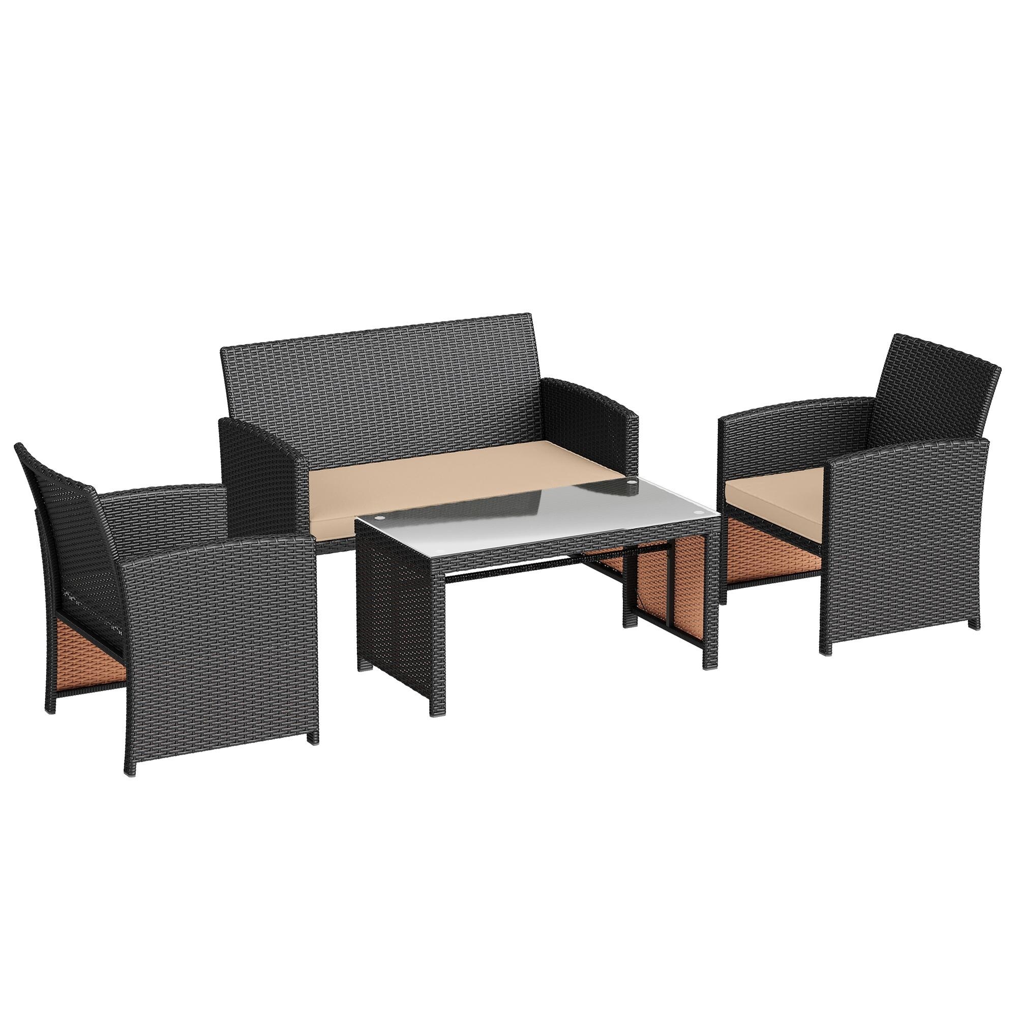 EROMMY 4-Piece Patio Furniture Set with Cushions, Wicker Sofa and Glass Coffee Table, All-Weather PE Rattan Conversation Set.