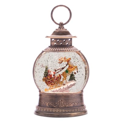 9"H Plastic LED Christmas Snow Globe Lantern with Santa Sleigh and Reindeer 6 Hour Timer and USB Power