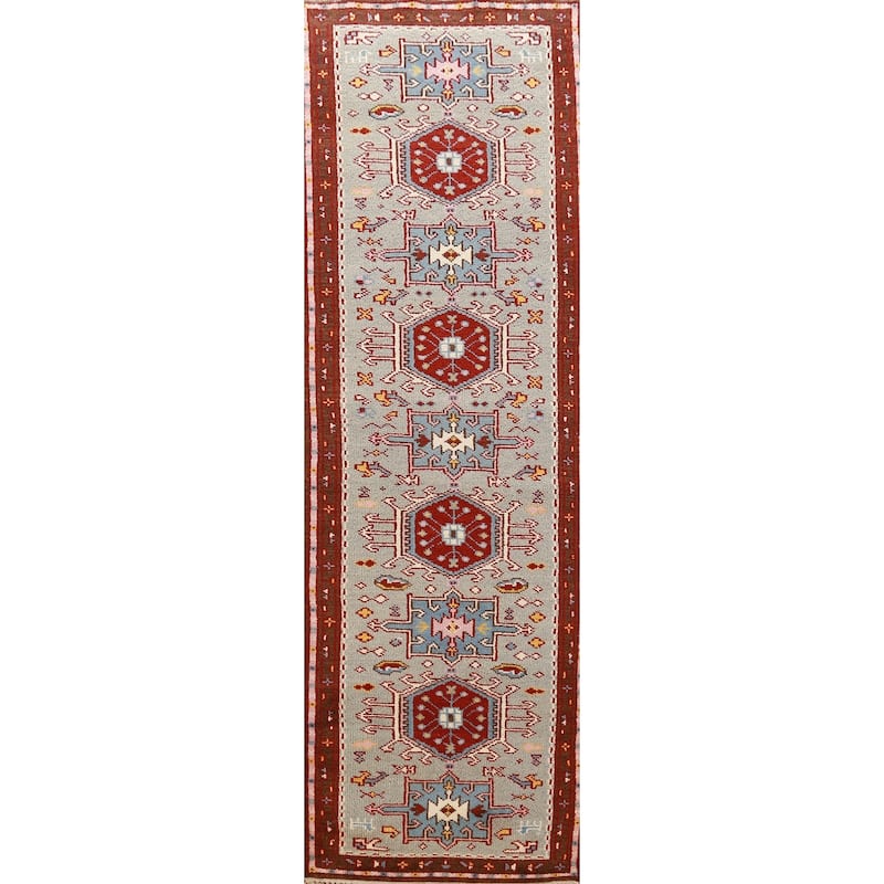 Hand Knotted Oriental 100% Wool Carpet Transitional Geometric Green Khotan Runner Rug - 9' 8'' X 2' 6''