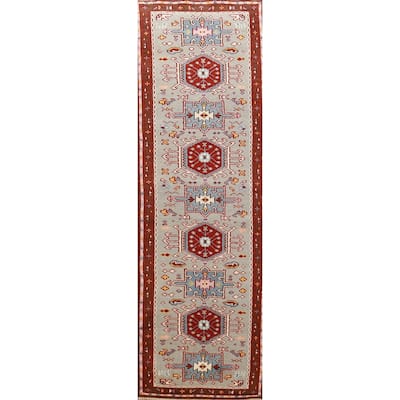 Hand Knotted Oriental 100% Wool Carpet Transitional Geometric Green Khotan Runner Rug - 9' 8'' X 2' 6''