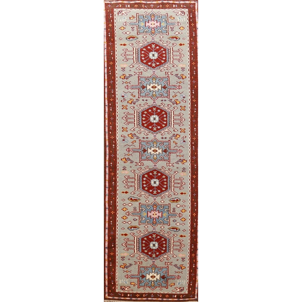 Hand Knotted Oriental 100% Wool Carpet Transitional Geometric Green Khotan Runner Rug - 9' 8'' X 2' 6''