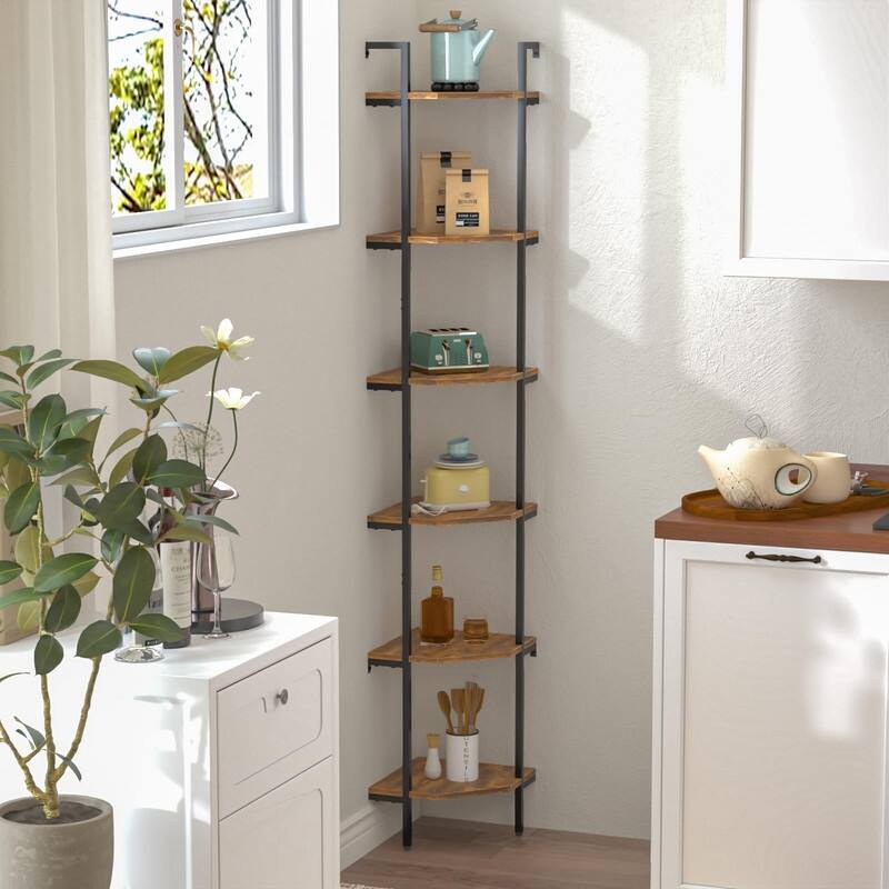 Rustic Brown Wall Mounted Corner Shelf - 11.81"D x 11.81"W x 70"H