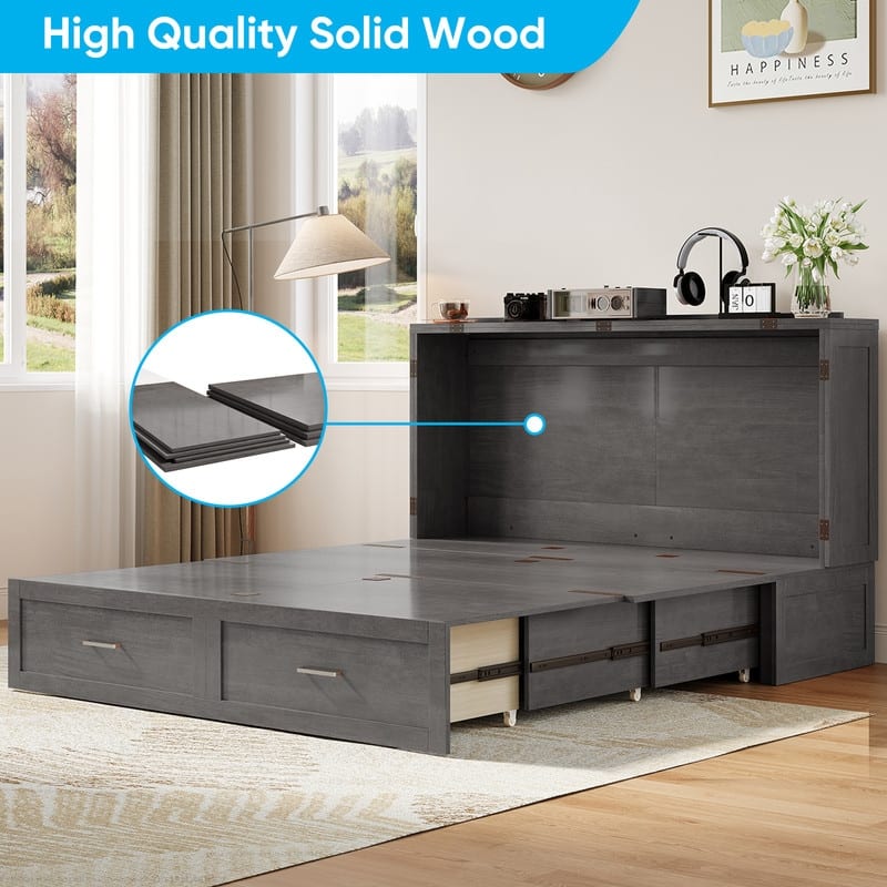 Mixoy Queen Modern Murphy Bed Chest with Mattress,Storage Drawer,Charging Station