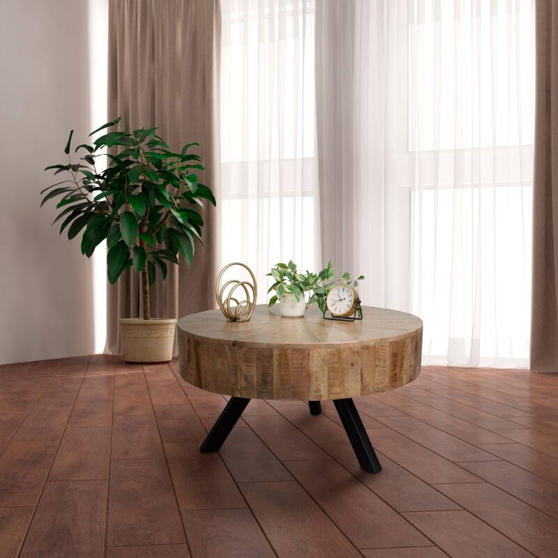 Rustic Round Coffee Table, Mango Wood With Metal Legs Mercury Table
