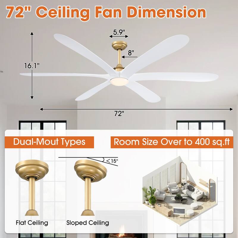 72-inch Driftwood 6-Blade Large DC Ceiling Fan with Light and Remote