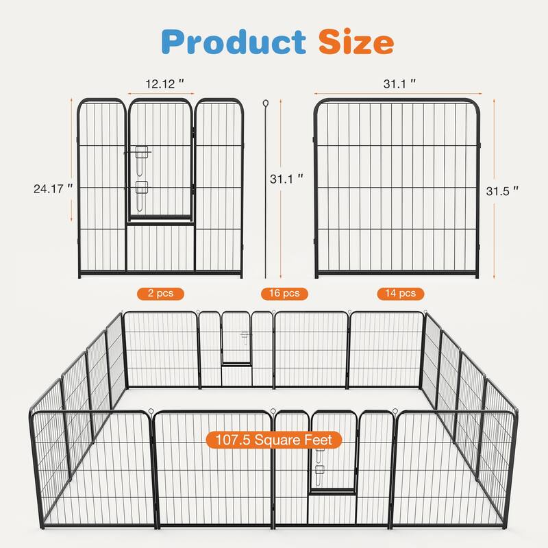 16 Panel Foldable Dog Playpen, Heavy Duty Double Door Pet Exercise Pen, Indoor Outdoor Puppy Fence with Anti-Slip Base