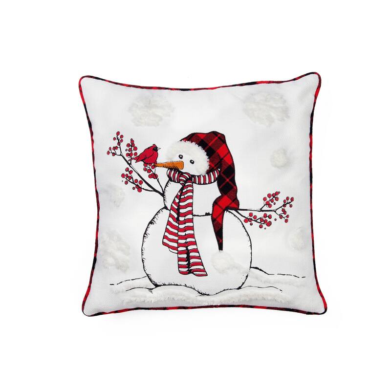 Snowman With Beanie Hat and Softy Tufted Snow Embroidered Christmas Pillow, 18 by 18-Inch