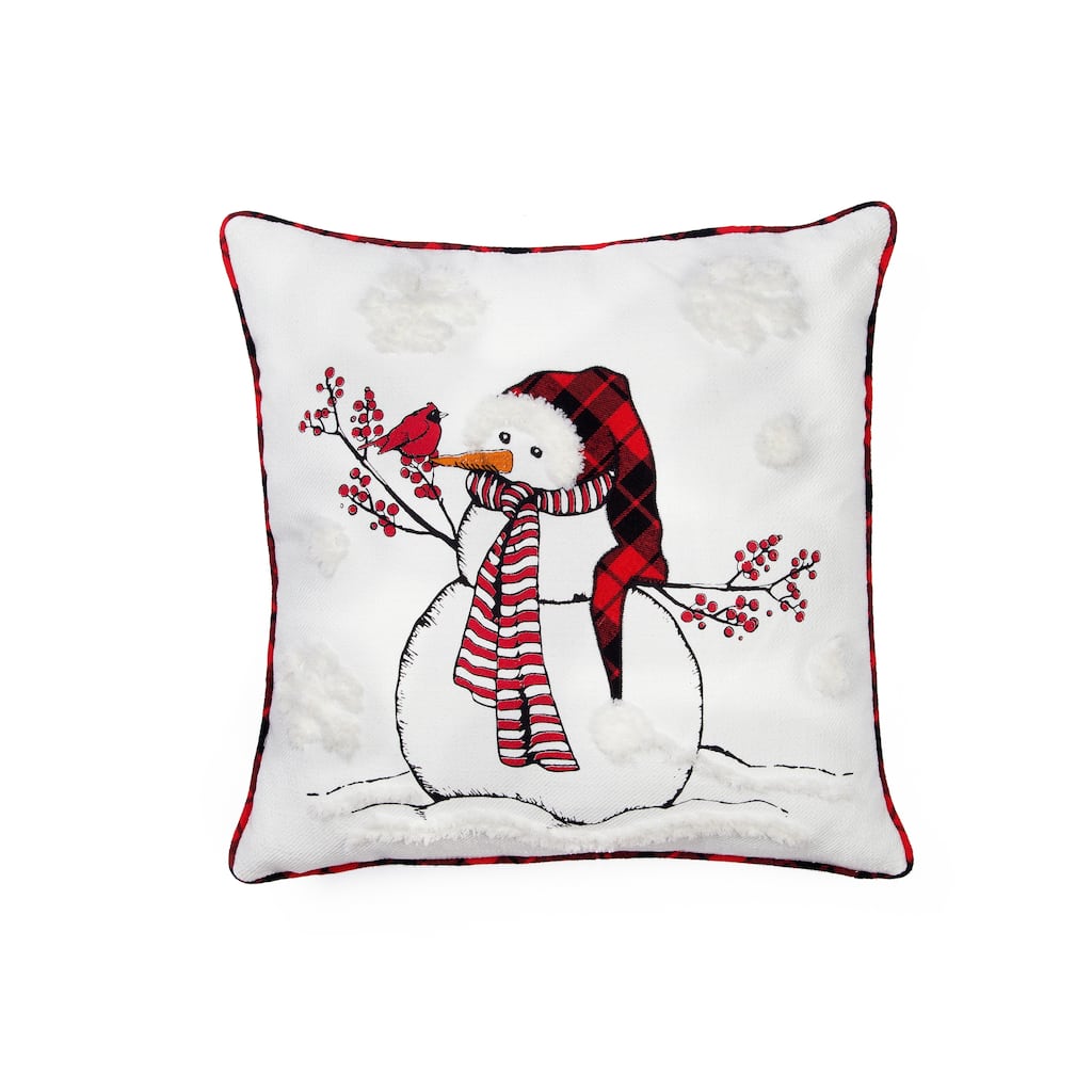 Snowman With Beanie Hat and Softy Tufted Snow Embroidered Christmas Pillow, 18 by 18-Inch