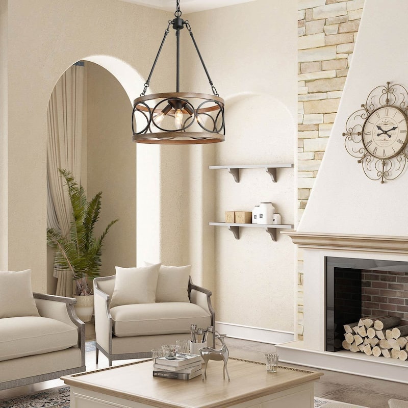 Modern Farmhouse 3/4 Light Drum Chandelier for Dining Room Kitchen Island