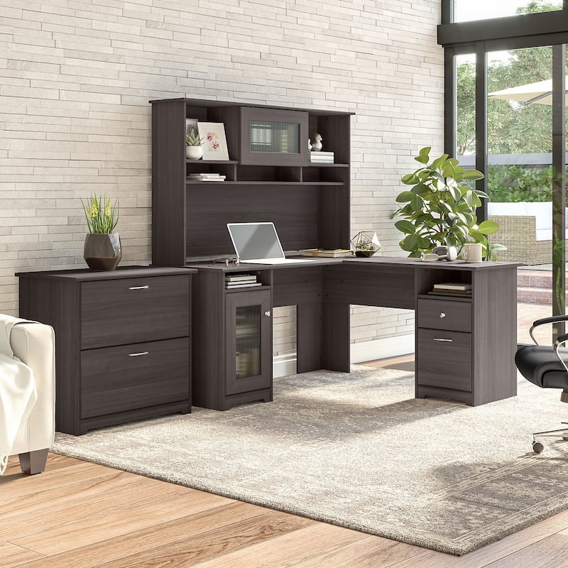 Cabot 60W L-Shaped Desk with Hutch and File Cabinet by Bush Furniture - Grey