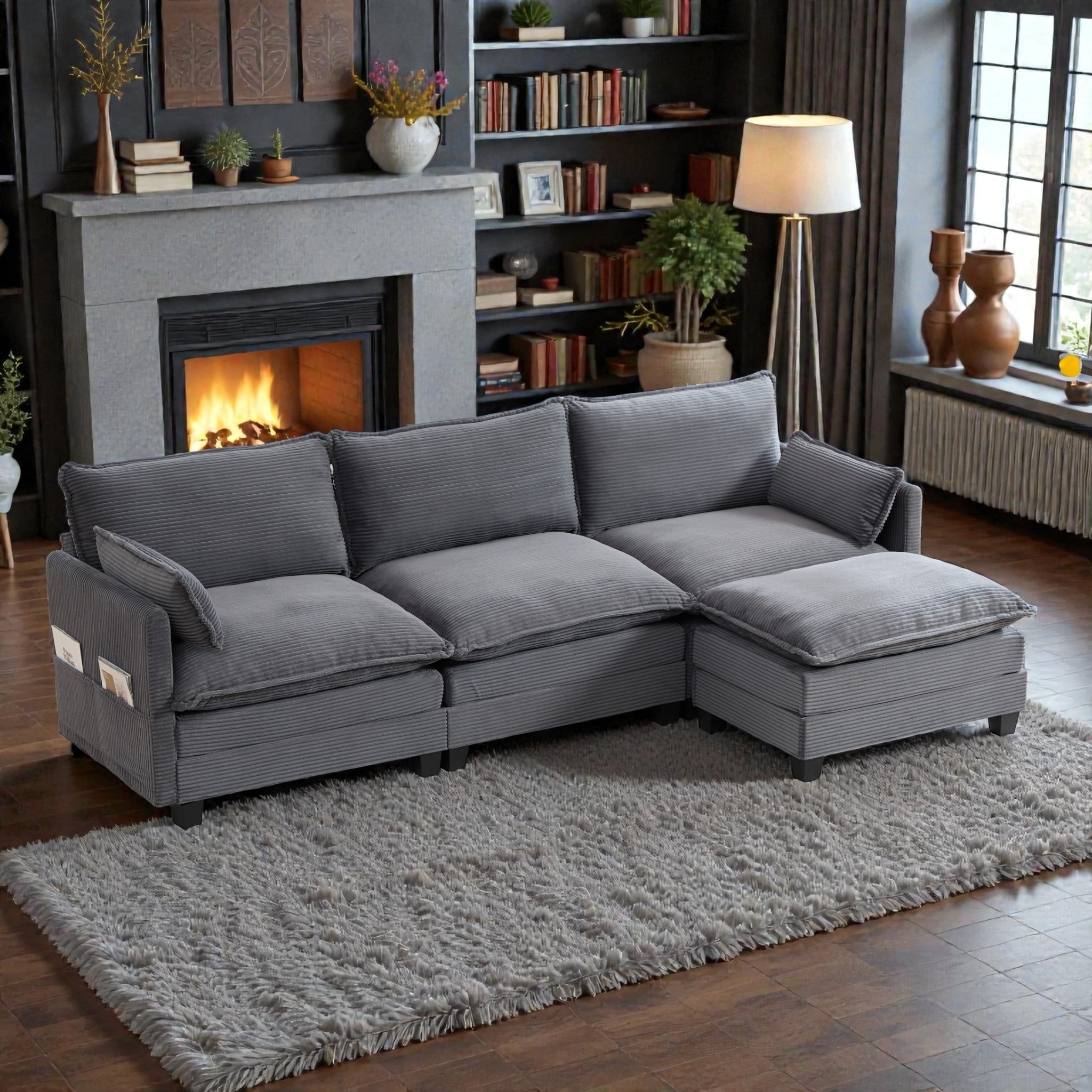 Oversized Modular Sectional Sofa with Ottoman, 102 Inch 4 Seat Corduroy L Shaped Couch for Living Room