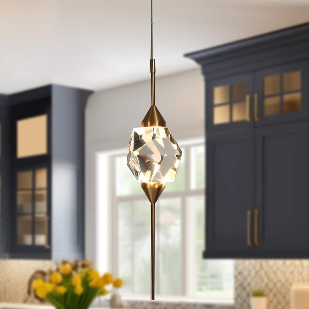 Modern Gold LED Crystal 1-Light Pendant Light for Kitchen Island Dining Room - 4" Dia. x 17" H