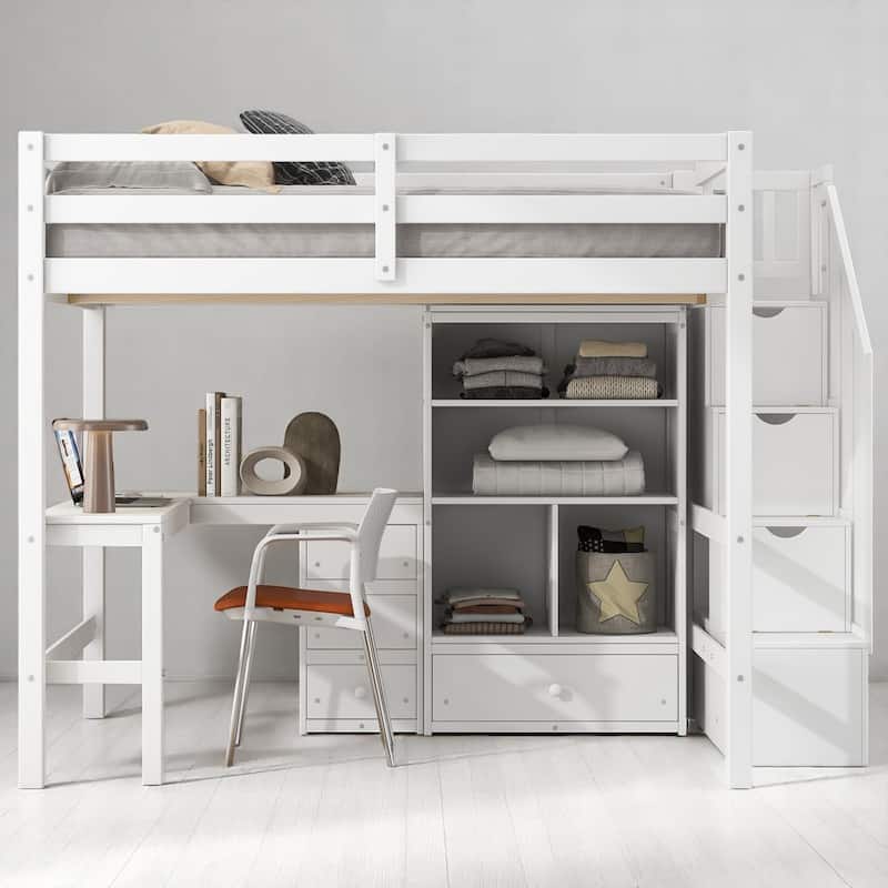 Space-Saving Full Loft Bed with Storage Stairs, Desk, Drawers & Cabinet - Solid Pine & MDF Construction