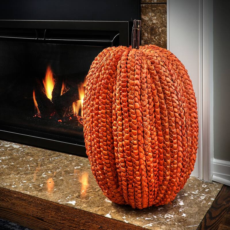 27.5" Display Basket Weave Pumpkin - 60%corn husk, 30%styrofoam, 10%twig - Orange