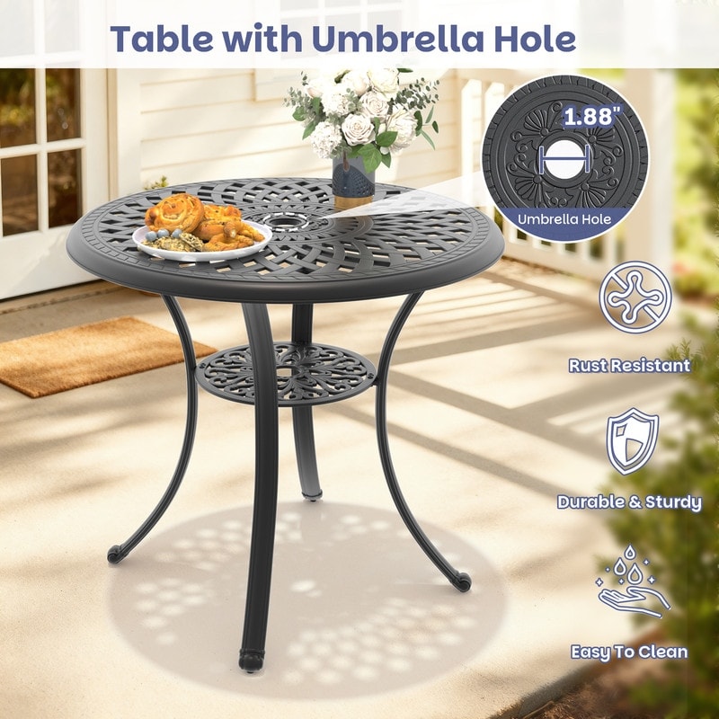 30 x 30 aluminum patio table with umbrella hole PATIO-IN inches Hole, Round Outdoor Table, Cast Bistro Table, Metal Side Table for Porch Backyard, Black : Patio, Lawn & Garden Dining Tables by American Tables Outsunny 30