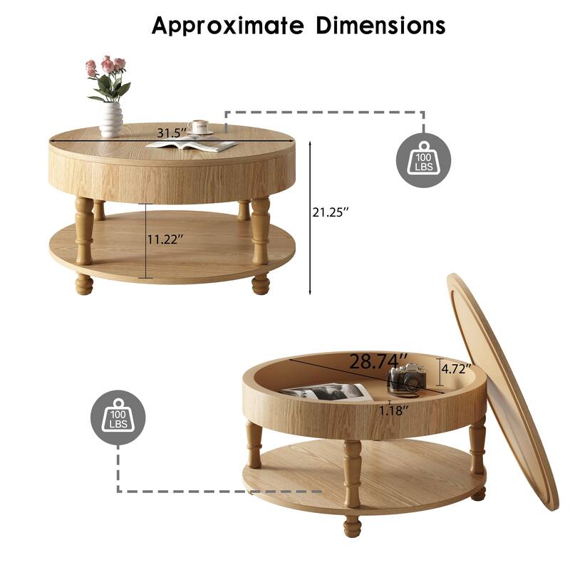 31.5" Modern Round Flip-top Coffee Table with Hidden Compartment