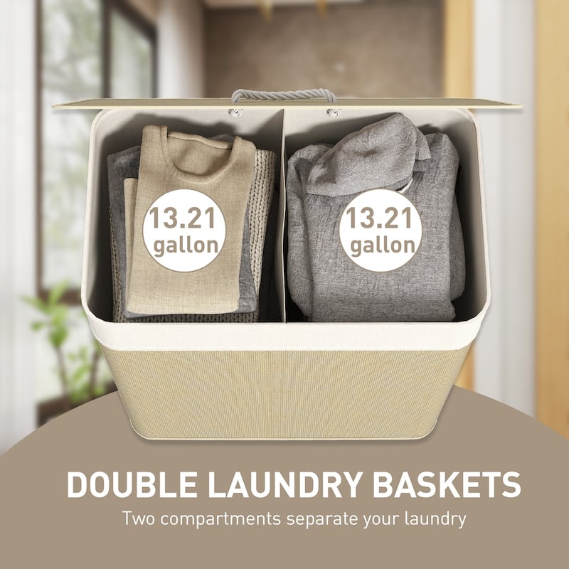 Natural wicker Laundry Basket with Dual Compartments Detachable Washable Bags 26 Gallon Large Capacity Portable