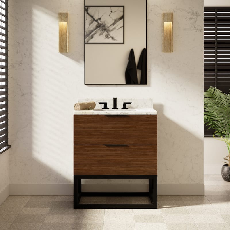 KitchenBathCollection Mia 30" Bathroom Vanity with Carrara Marble Top - Walnut