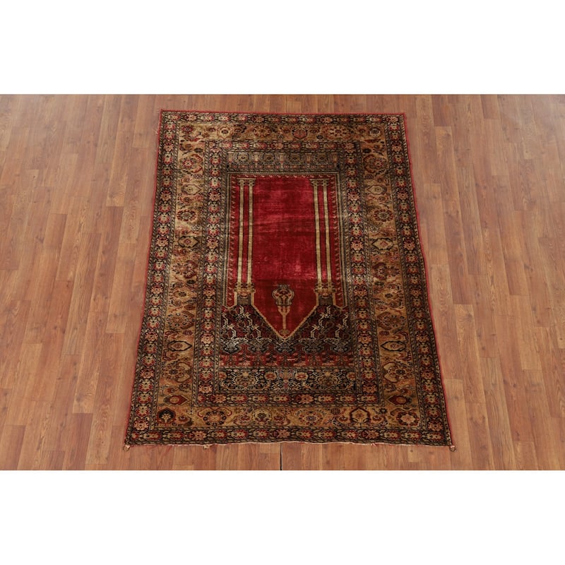100% Silk Anatolian Turkey Foyer Rug Hand-Knotted Wool Carpet - 4'1" x 5'8"