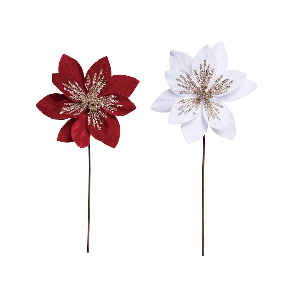 Transpac Medium Velvety Poinsettia Pick w/Gold Glitz Set of 2 Christmas Home Decorations