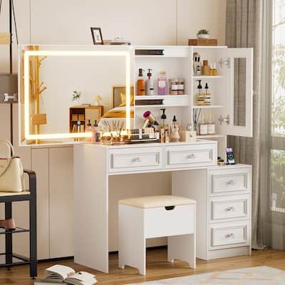 Vanity Desk Set with Sliding Lighted Mirror & Stool, 5 Drawers, Storage Cabinet, Charging Station