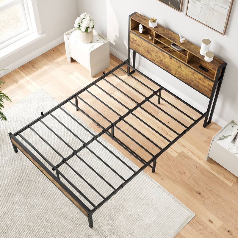 Industrial Full/Queen Bed Frame with Shelves, Charging Station, and Bookcase Headboard
