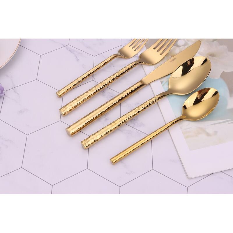 20 Pc Flatware Set Pebbled Gold - Service For 4