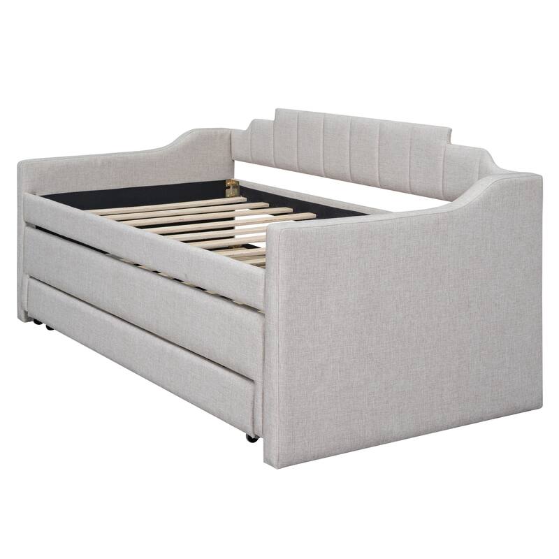 Twin Size Upholstered Daybed with Trundle and Three Drawers in Beige
