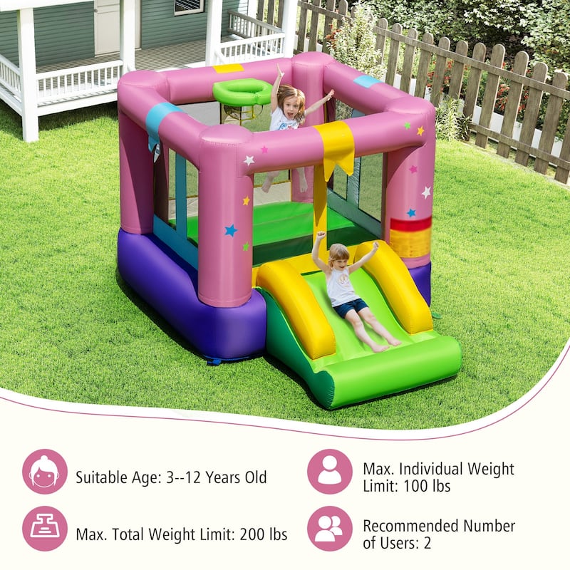 Multi-Color Outdoor and Indoor Kids Inflatable Bounce House with Slide Basketball Hoop and Safety Mesh