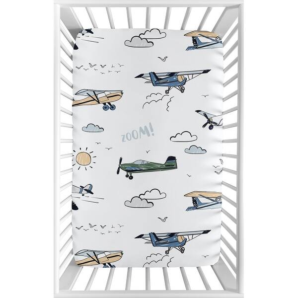 slide 2 of 6, Sweet Jojo Designs Vintage Airplane Boy Fitted Mini Portable Crib Sheet Green Blue Yellow Airplanes Plane Transportation Clouds