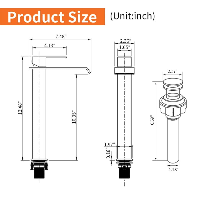 Waterfall Single Handle Bathroom Vessel Sink Faucet with Pop-up Drain 304 Stainless Steel 1 Hole High Tall Basin Vanity Faucets