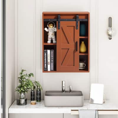 Rustic Wooden Wall Mounted Storage Cabinet with Sliding Barn Door - 27.6"H