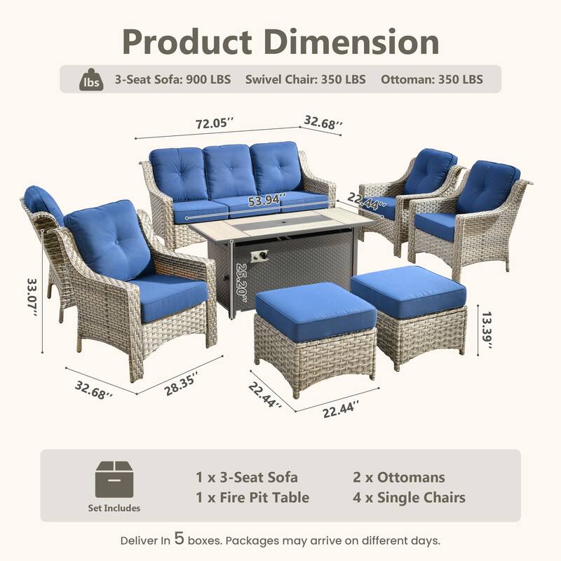 HOOOWOOO 8-piece Wicker Patio Ergonomic Conversation Set with 54" Fire Pit